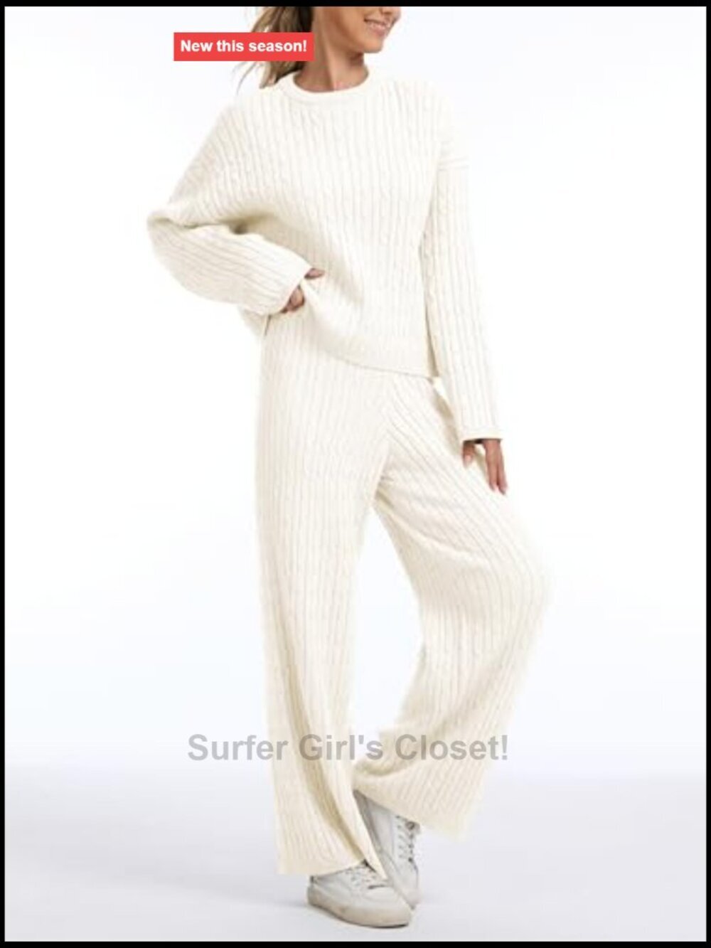 Cable Knit Sweater Lounge Set with Wide Leg Pants - Picture 3 of 7
